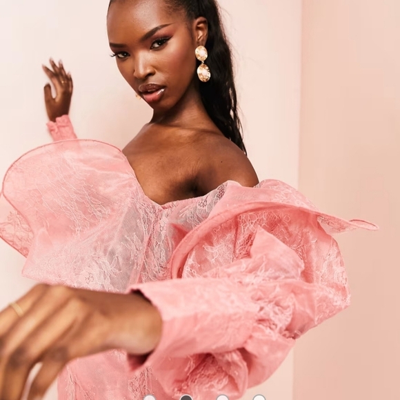 ASOS LUXE Curve wire bardot lace midi dress in pink - Picture 13 of 13